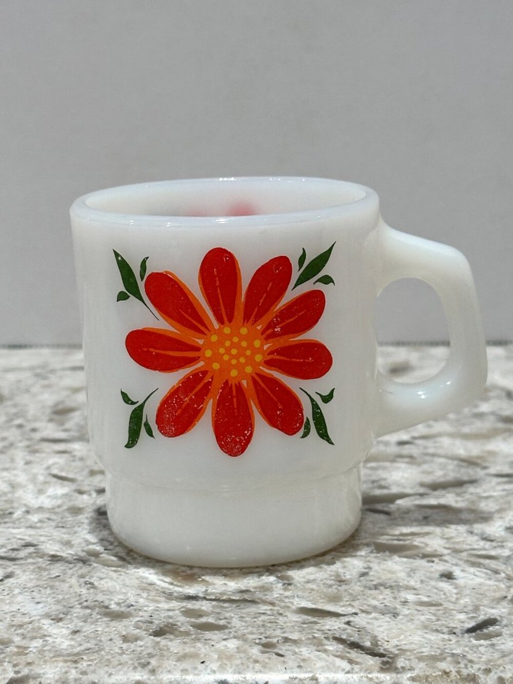 Fire King Anchor Hocking Stacking Mug Red Flower Floral Coffee Cup Milk Glass
